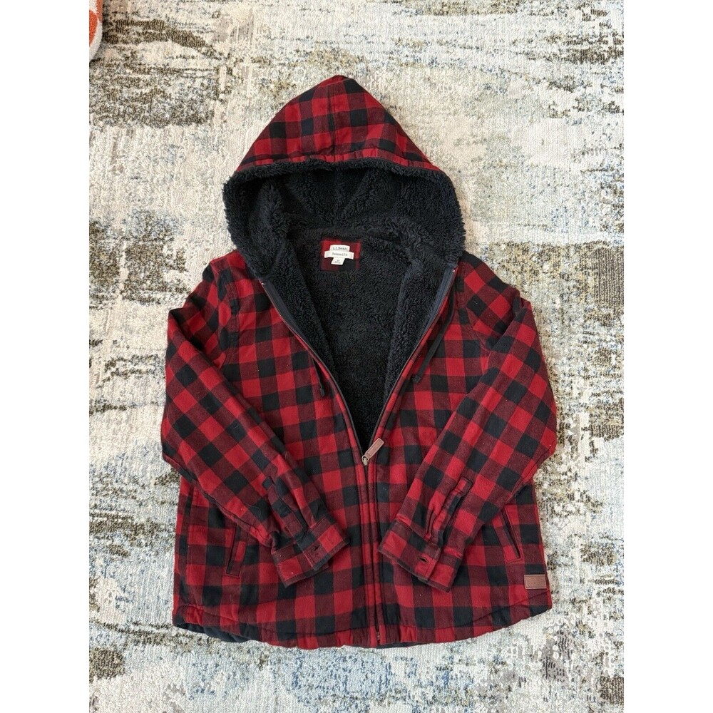 LL Bean Flannel Sherpa Red Black Scotch Plaid Jacket Hoodie Womens Medium 505453
